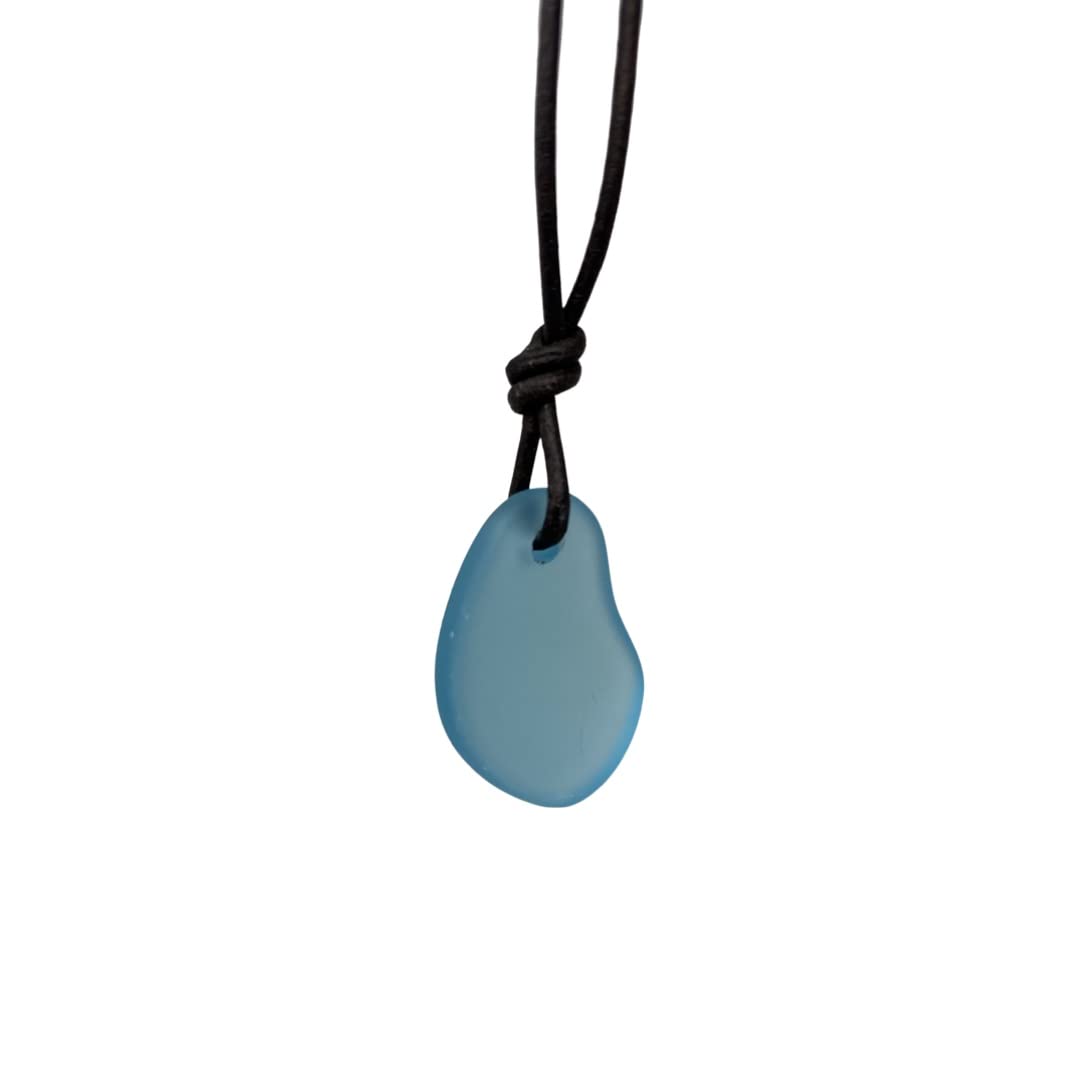 CZ Grain Blue Sea Glass Necklace with Leather Cord - Handmade - Good Luck Necklace
