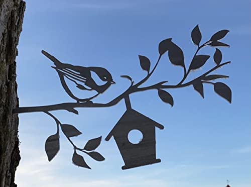Sparrow and Birdhouse on a Branch Metal Art - Made in USA
