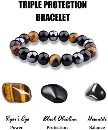 CZ Grain Mens Talisman Bracelet -Triple Protection, Brings Luck And Prosperity - Hematite, Black Obsidian, Tiger Eye