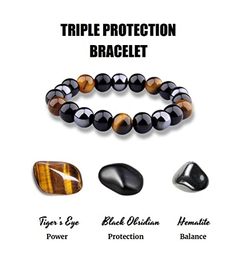 CZ Grain Triple Protection Bracelet - For Protection - Bring Luck And Prosperity - Hematite - Black Obsidian - Tiger Eye - Stone Bracelets