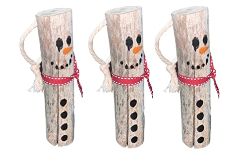 3 Driftwood Snowman Hanging Christmas Tree Ornaments - Approx 6 Inches Tall - Adorable Christmas Decoration - Handmade in USA
