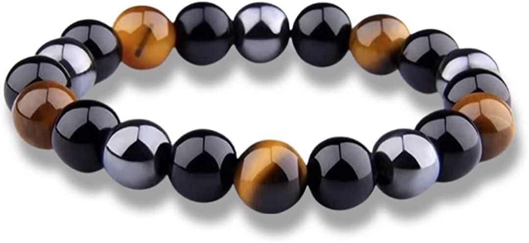 CZ Grain Mens Talisman Bracelet -Triple Protection, Brings Luck And Prosperity - Hematite, Black Obsidian, Tiger Eye