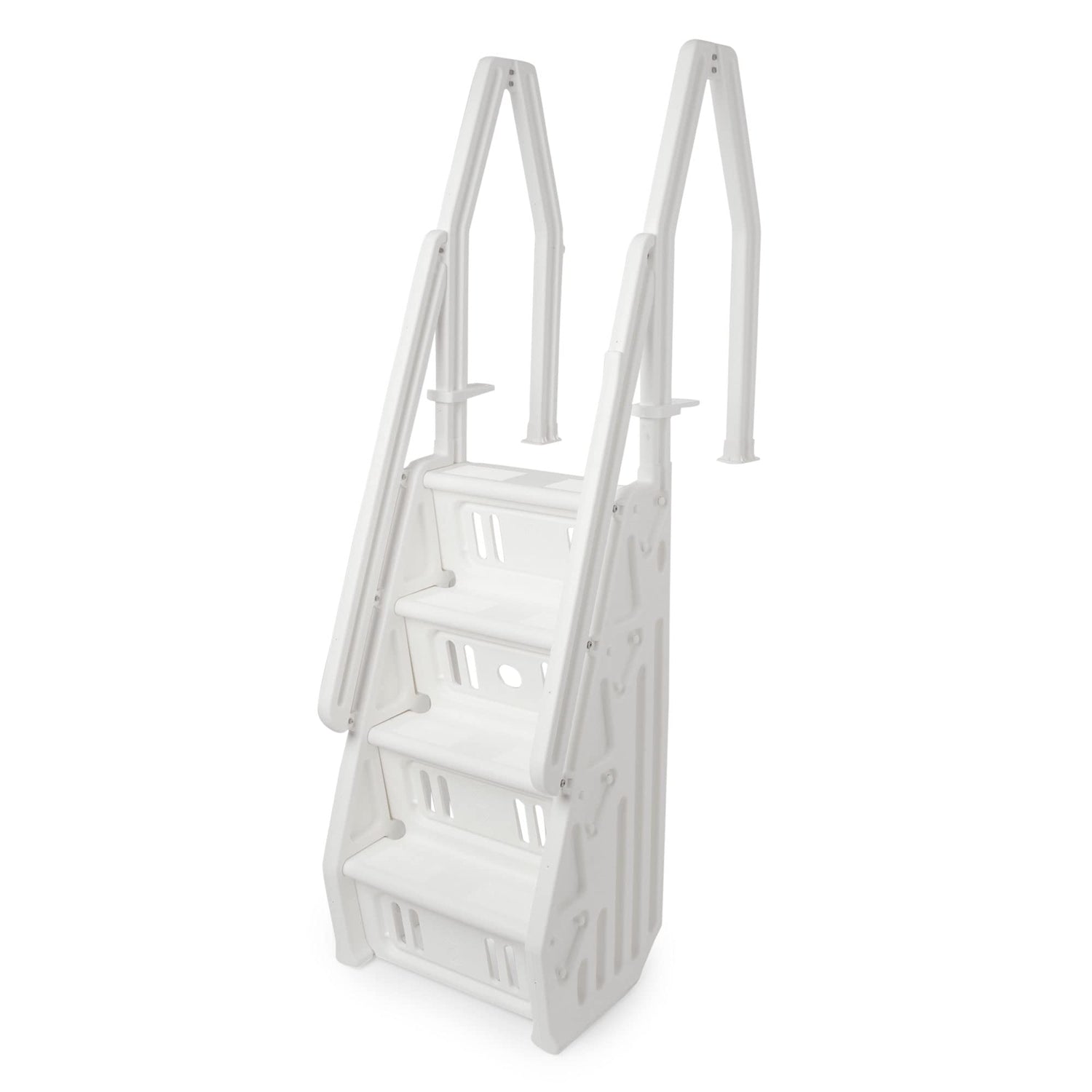Vinyl Works Deluxe Adjustable 24 Inch in-Pool Step Ladder Entry System for Above Ground Swimming Pools with 2 Rails and Non-Slip Surface, White