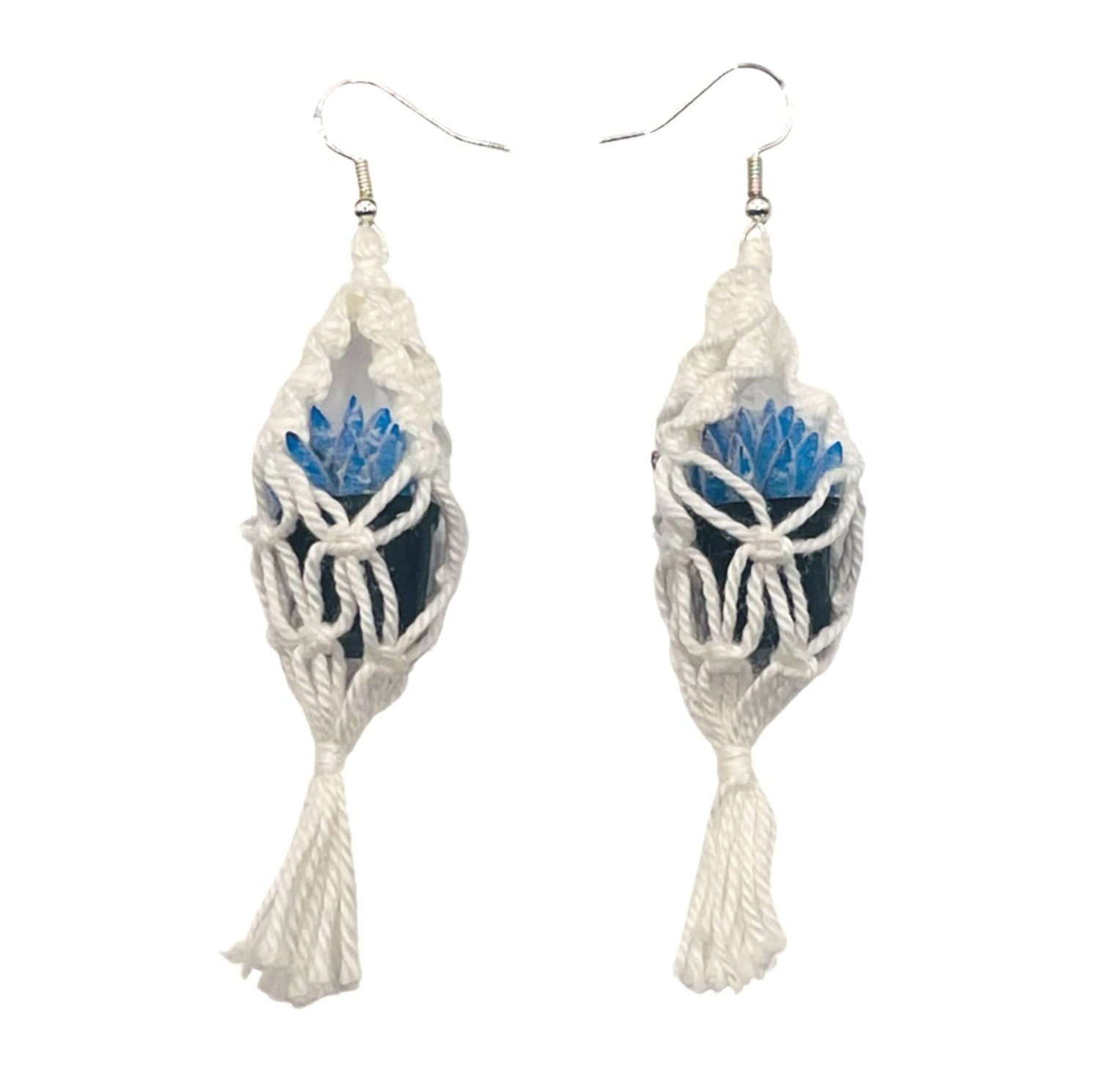 Blue Succulent in a Pot Macrame Earrings -Bohemian Style - Lightweight Quality Earrings