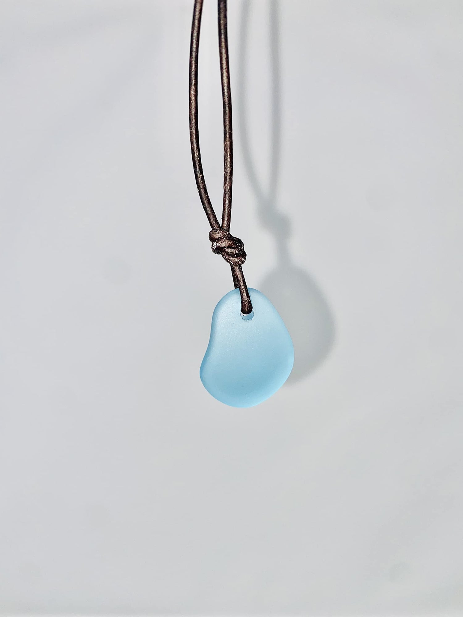 CZ Grain Blue Sea Glass Necklace with Leather Cord - Handmade - Good Luck Necklace