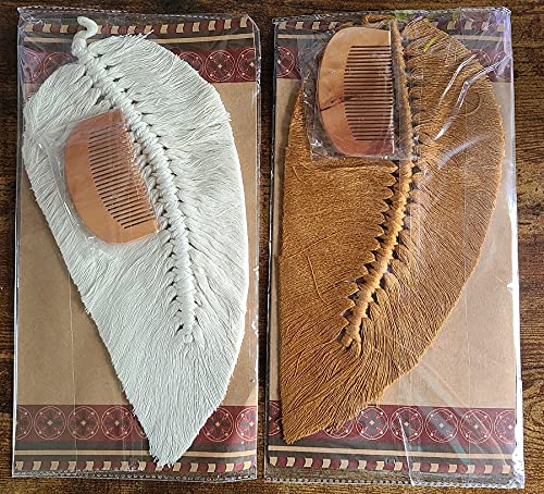 Two Macrame Feather Wall Hangings - Khaki and White - Comb Included