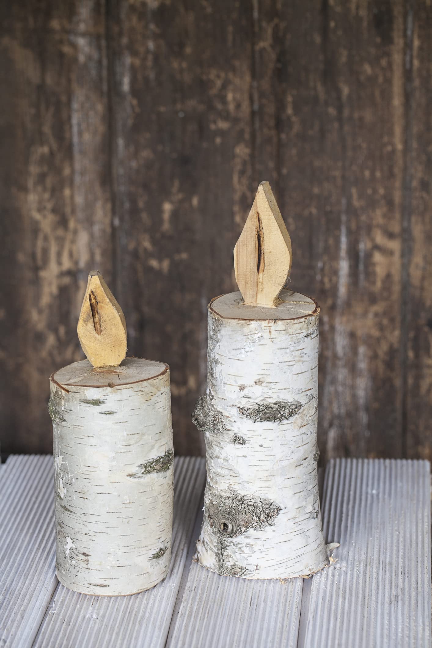 2 Piece Still Life Birch Candles - 8 and 10 Inches Tall - Real White Birch Wood