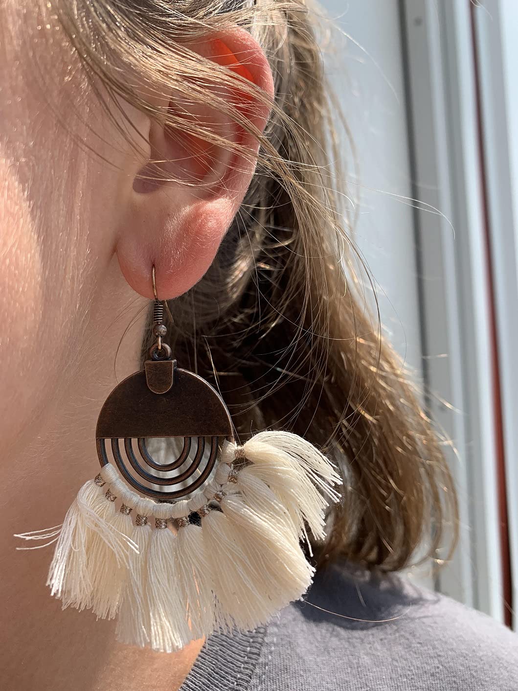 Macrame Earrings -Bohemian White Fringe - Lightweight Quality Earrings
