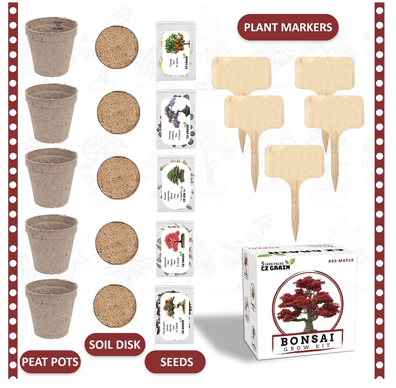 Bonsai Tree Kit - Grow 5 Species of Bonsai Tree w/ Our All-in-One Plant Kit: Bonsai Pots & Peat Pellets Including a Tutorial Video by CZ Grain | Great Gardening Gifts for Women and Men