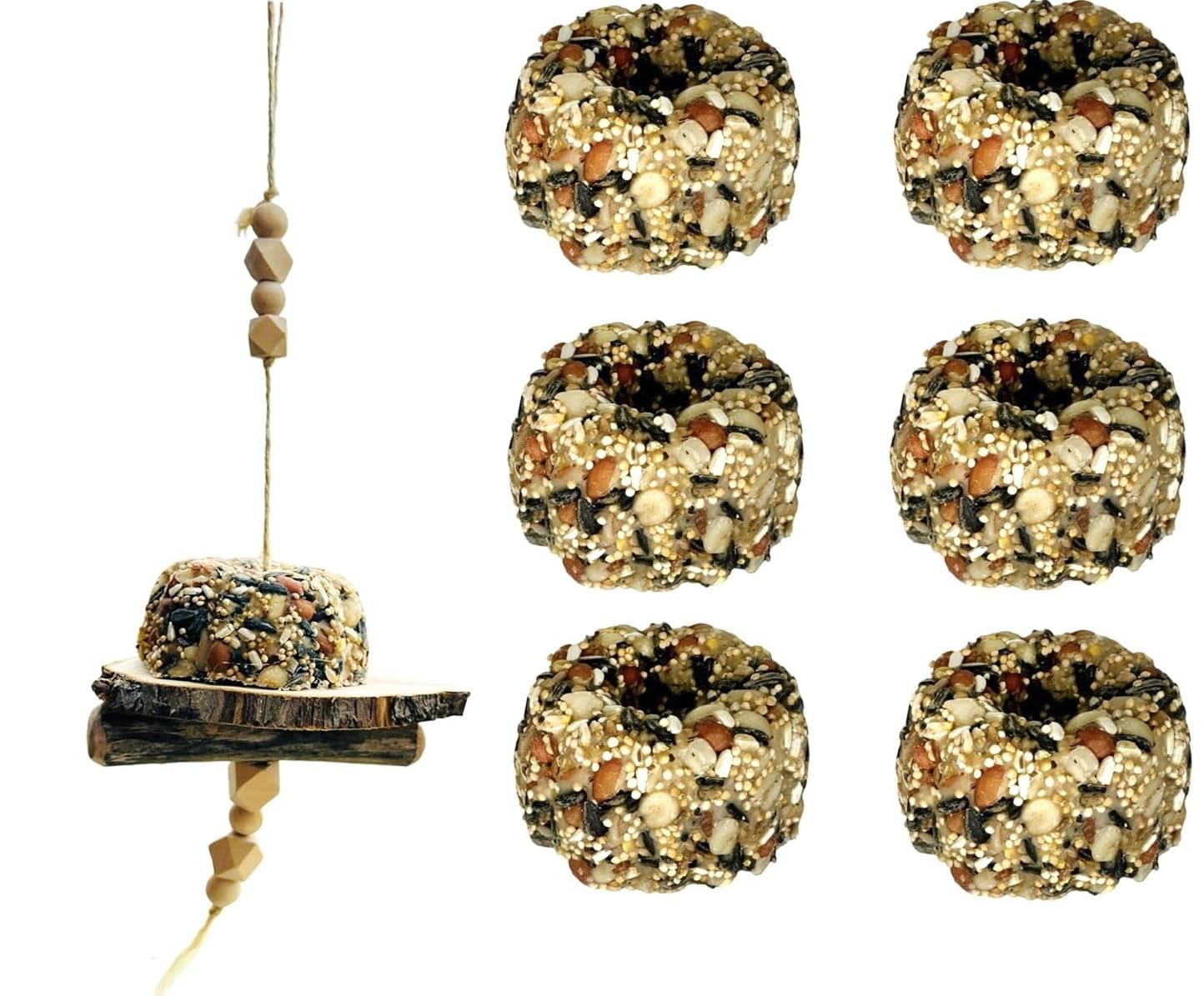 Bird Feeder with Lucky Wooden Charms and Cedar Slice + 6 Bird Feed Donut Cakes - Place Outside Window, Birdwatching