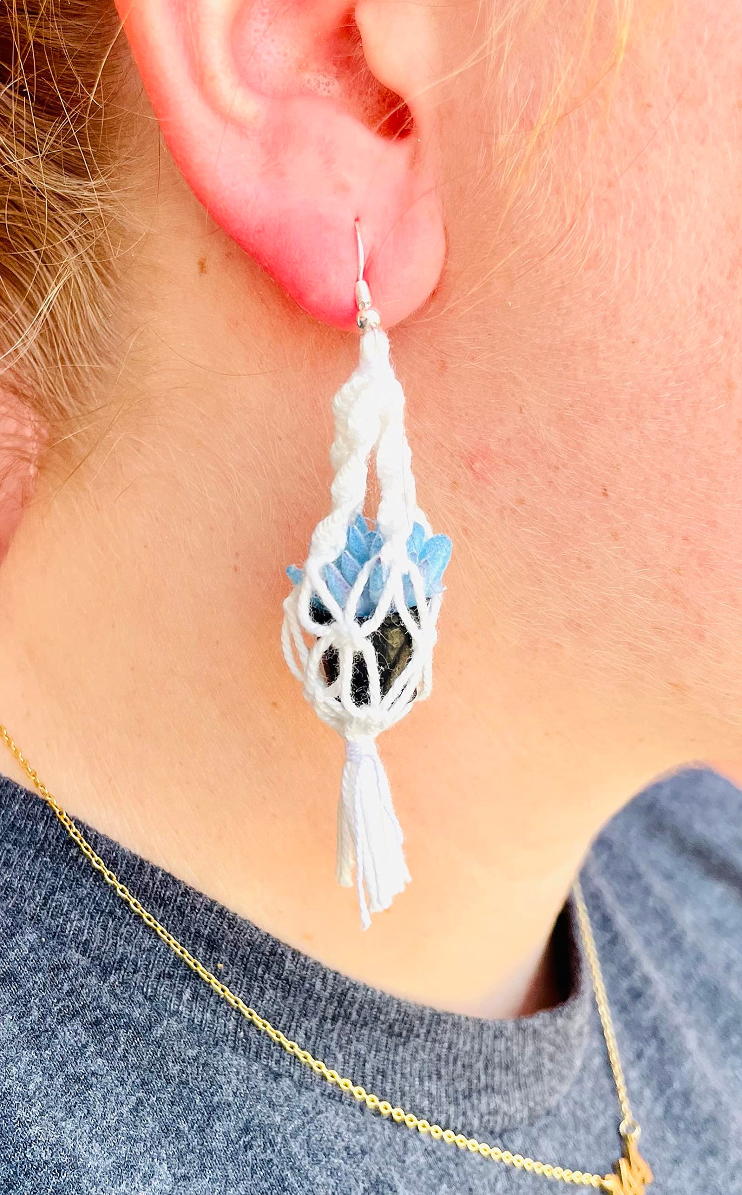Blue Succulent in a Pot Macrame Earrings -Bohemian Style - Lightweight Quality Earrings
