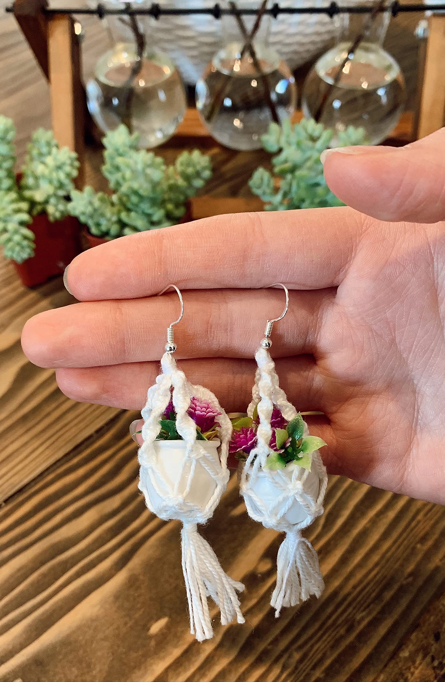 Macrame Flower Pot Earrings - Lightweight Quality Earrings - Plant is a Replica