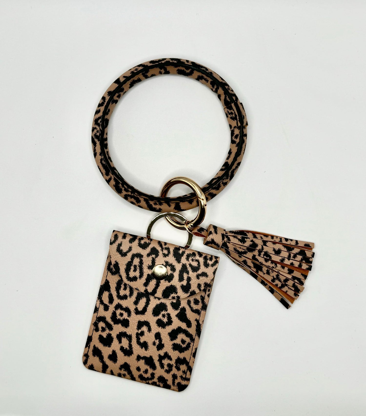 Keychain Bracelet with Card Wallet for Women - Leopard Print