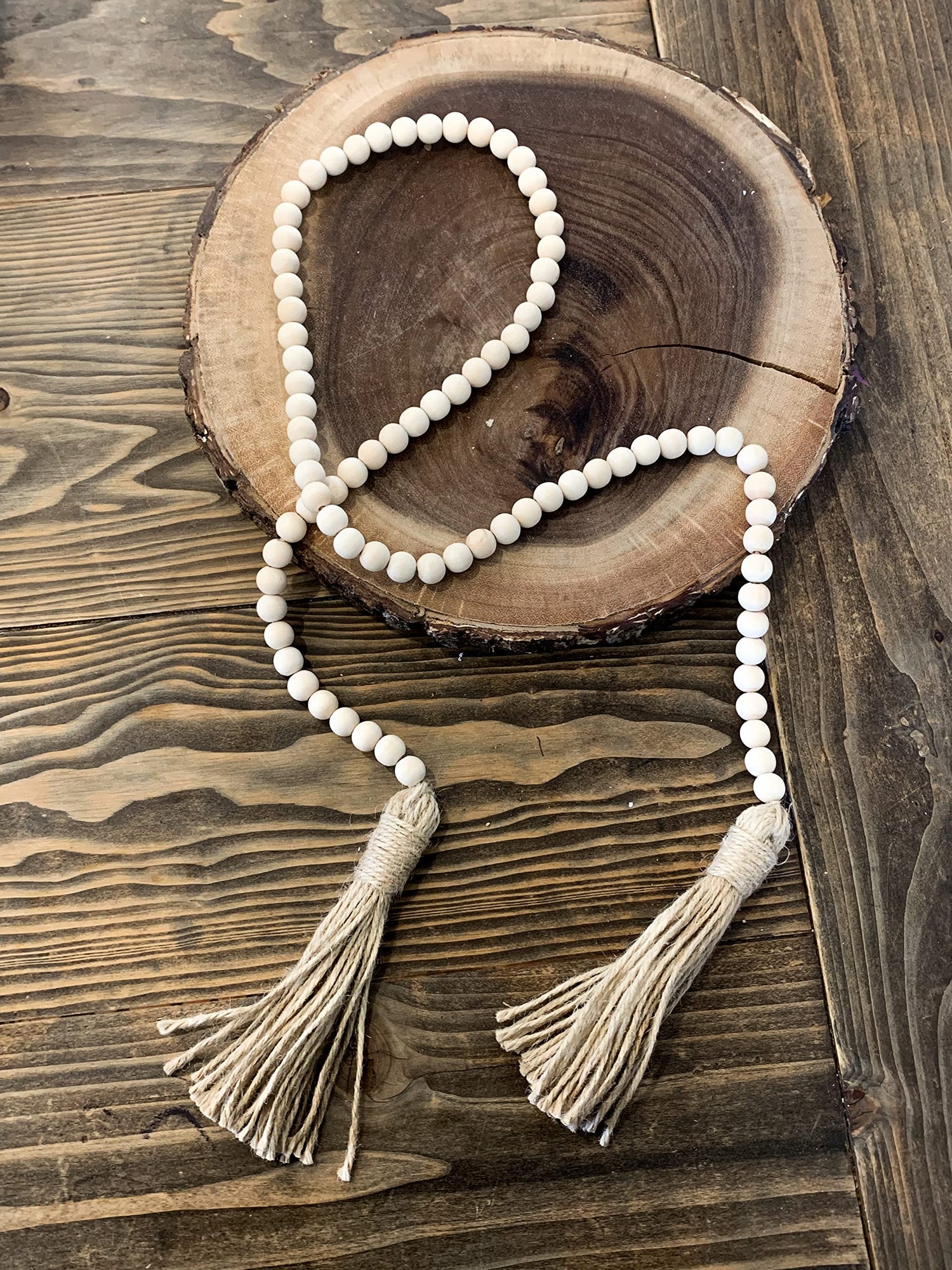 Authentic Farmhouse Wooden Macramé Beads Strung On Twine with a Rustic Fringe Tassel
