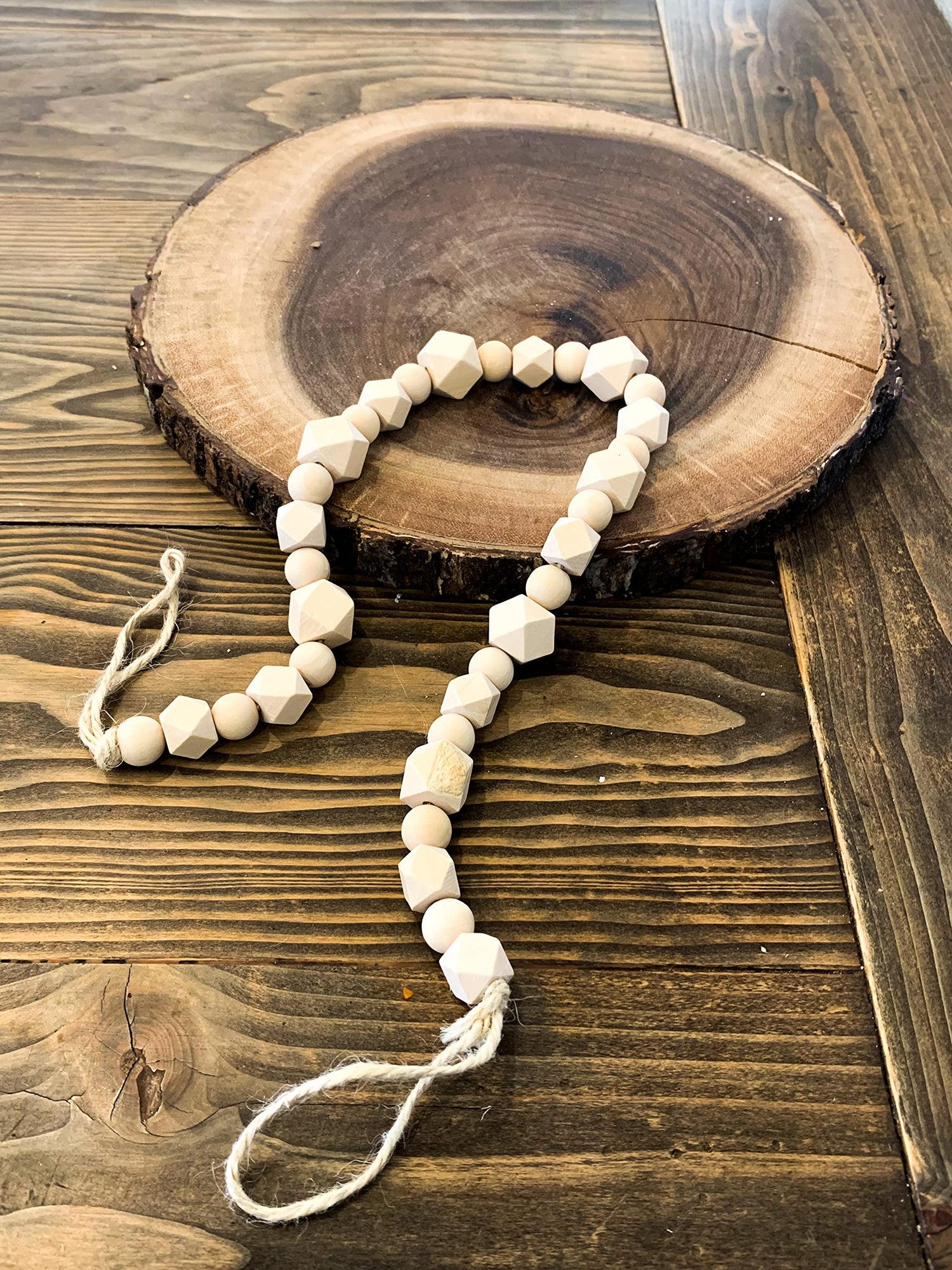Authentic Farmhouse Wooden Geometric Macramé Beads Strung On Twine with a Rustic Fringe Tassel.