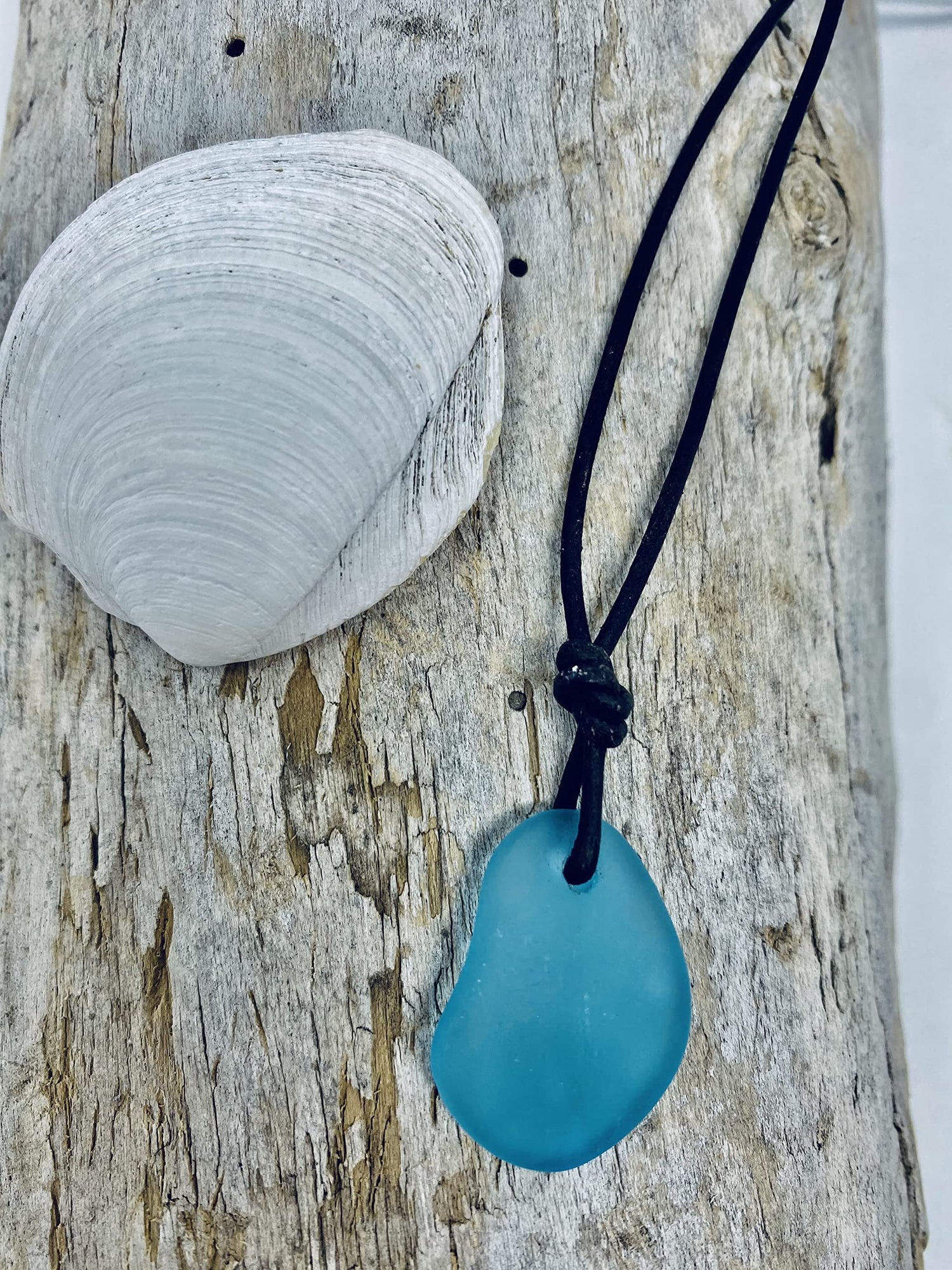 CZ Grain Blue Sea Glass Necklace with Leather Cord - Handmade - Good Luck Necklace
