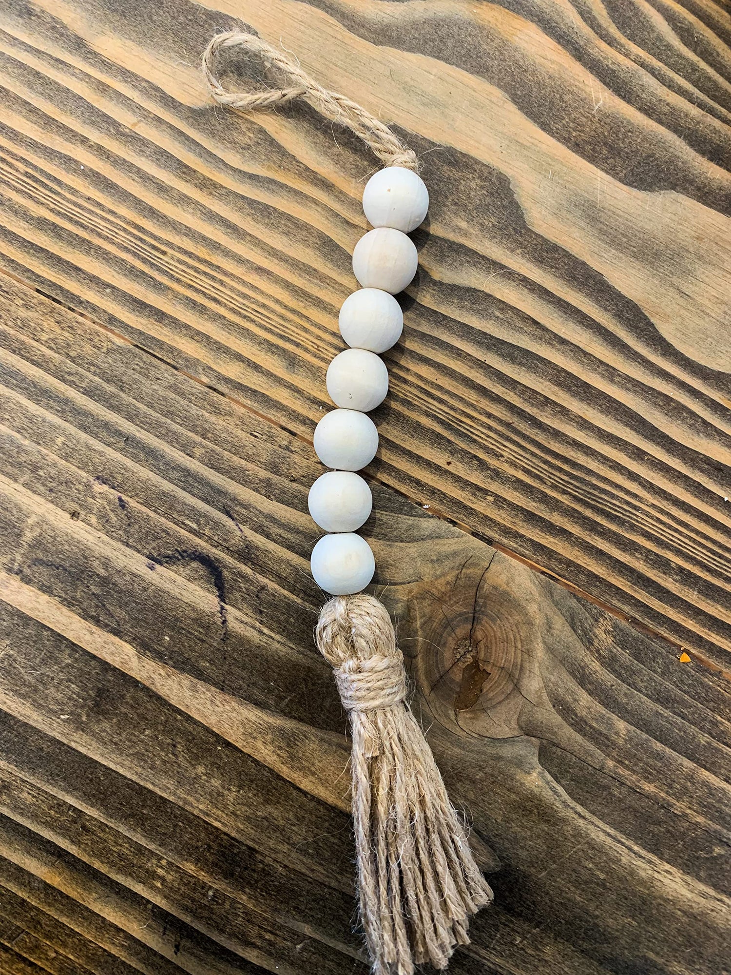 Mini Authentic Farmhouse Wooden Macramé Beads Strung On Twine with a Rustic Fringe Tassel.